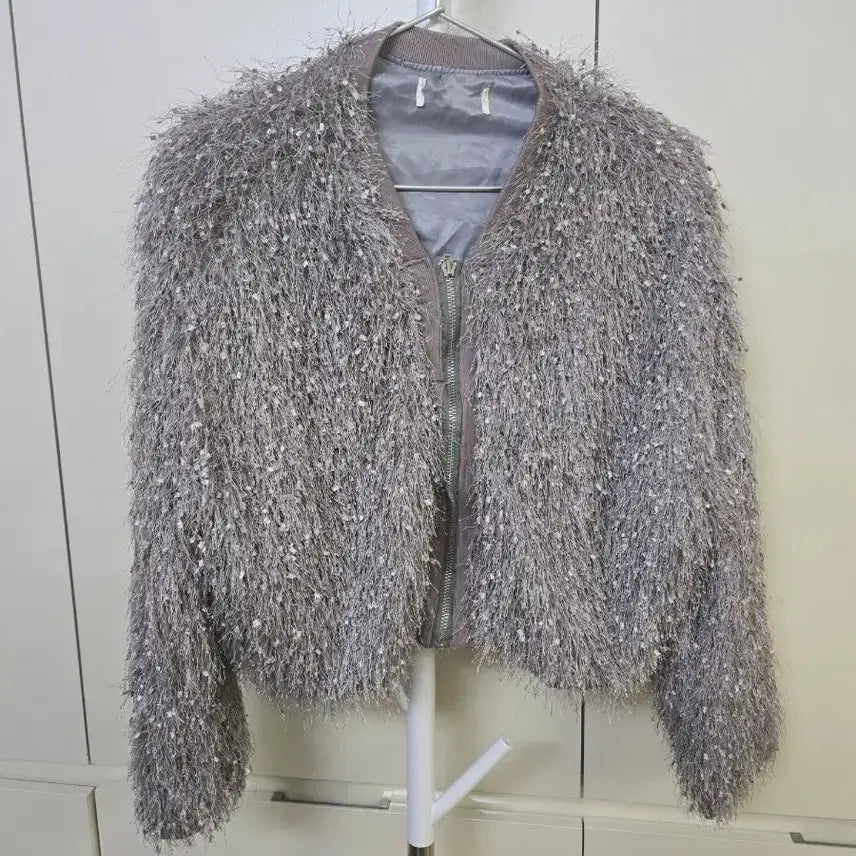 [BUNJANG] Knit Fur Bomber Jacket - Grey / 니트 털 자켓 봄버 스타일 그레이