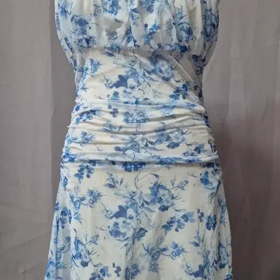 [BUNJANG] Blue Flower Shirring String Dress / 블루 플라워 셔링 끈 원피스