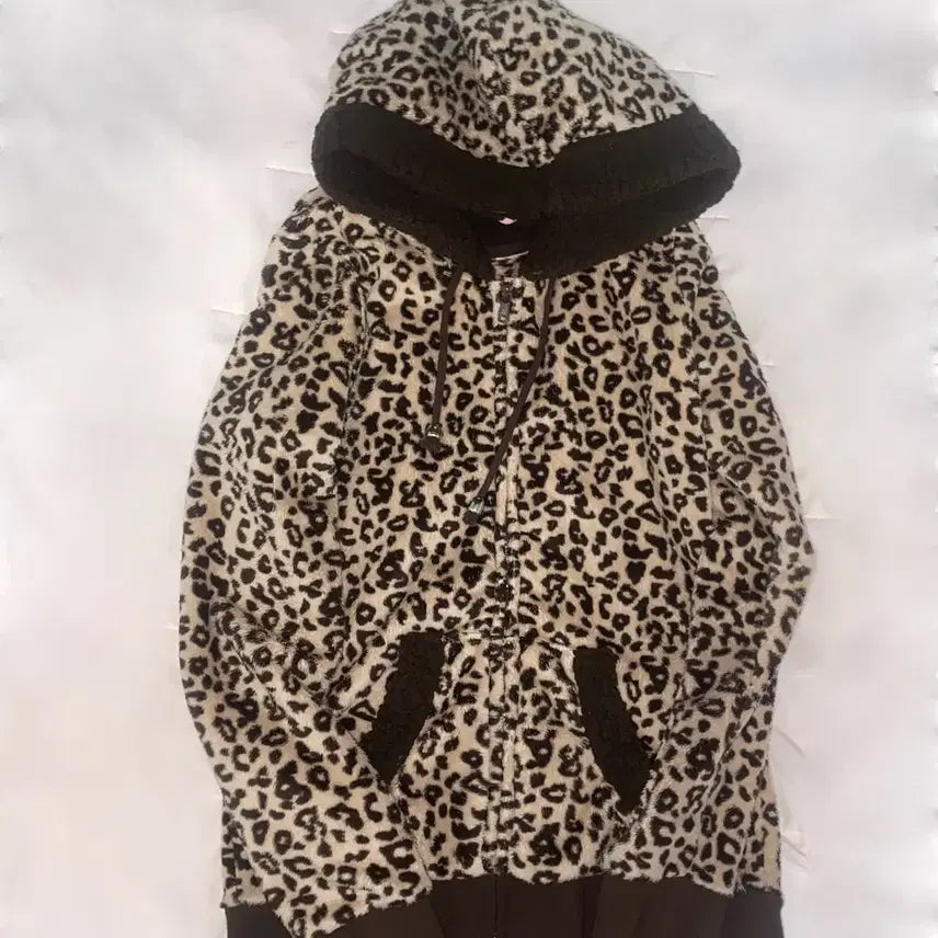 [BUNJANG] Leopard Print Fleece Zip-Up Hoodie / 호피 레오파드 갸루 후드집업 후리스 퍼자켓