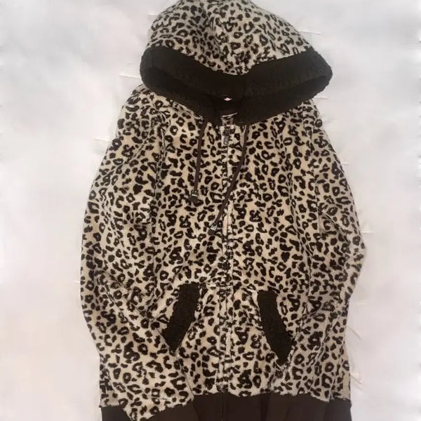 [BUNJANG] Leopard Print Fleece Zip-Up Hoodie / 호피 레오파드 갸루 후드집업 후리스 퍼자켓