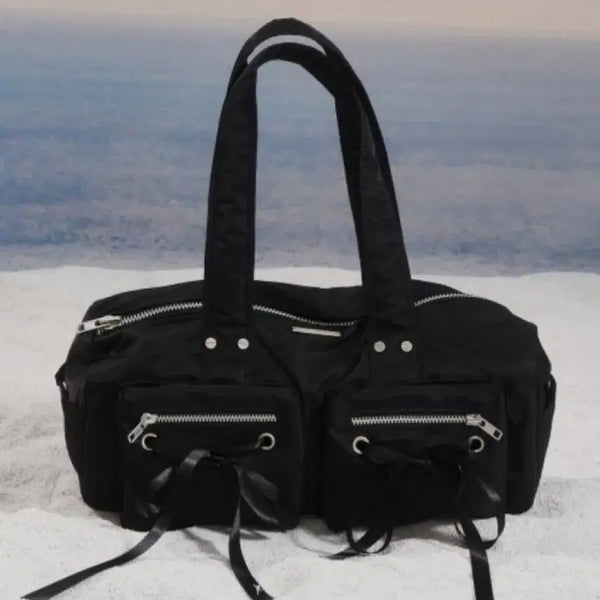 [BUNJANG] NOTKNOWING Double Ribbon Cargo Duffle Bag Black / 낫노잉 더블 리본 카고 더플백 블랙