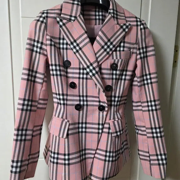 [BUNJANG] Pink Check Double-Button Jacket / 핑크 체크 더블버튼 자켓