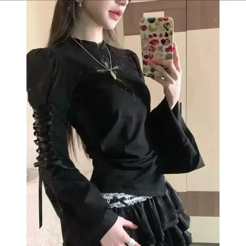 [BUNJANG] Gothic Black Lace-Up Long-Sleeve T-Shirt / 고딕 블랙 레이스업 롱슬리브 티셔츠