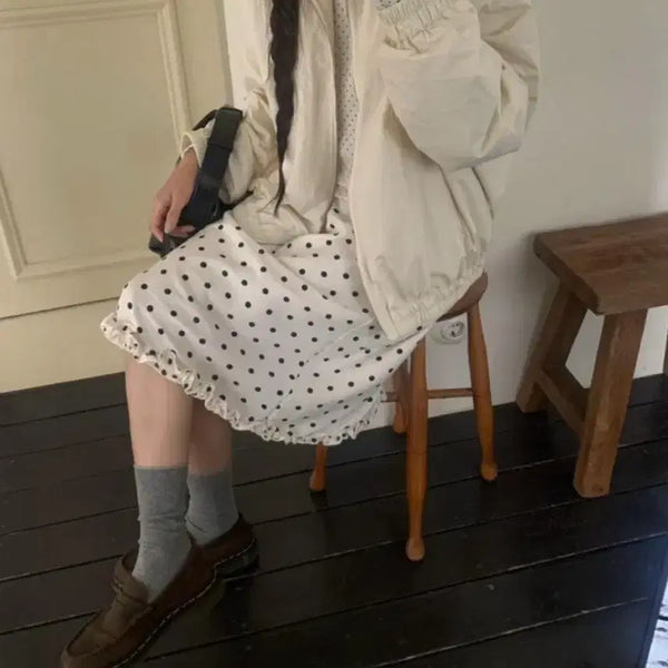 [BUNJANG] Polka Dot Midi Skirt with Lace and Frill Details / 여성 도트 땡땡이 미디 중간 기장 레이스 밴딩 프릴 스커트 치마