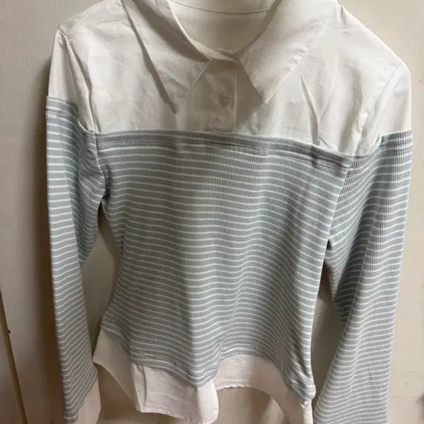 [BUNJANG] White Sorbet Stripe Slim Fit Shirt / 화이트 소라 스트라이프 셔츠
