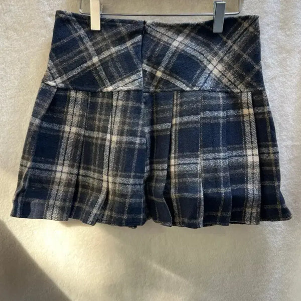 [BUNJANG] Navy Check Pleated Mini Skirt Wool / ㅁ체크 플리츠 미니스커트 모직