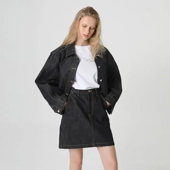 [BUNJANG] LEBA Raw-Denim Mini Skirt - Dark Indigo / 르바 Raw-denim Mini Skirt - Dark indigo S