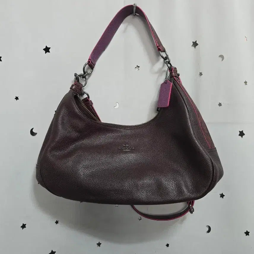 [BUNJANG] Coach Brown Leather Shoulder Bag with Pink Detail / 코치 브라운 레더 숄더백