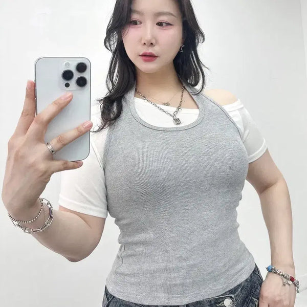 [BUNJANG] Halterneck Ribbed Tank Top (3 Colors, Sizes 55-77) / 새상품 홀터넥 나시 3컬러 개당가격 빅사이즈 가능 55-77