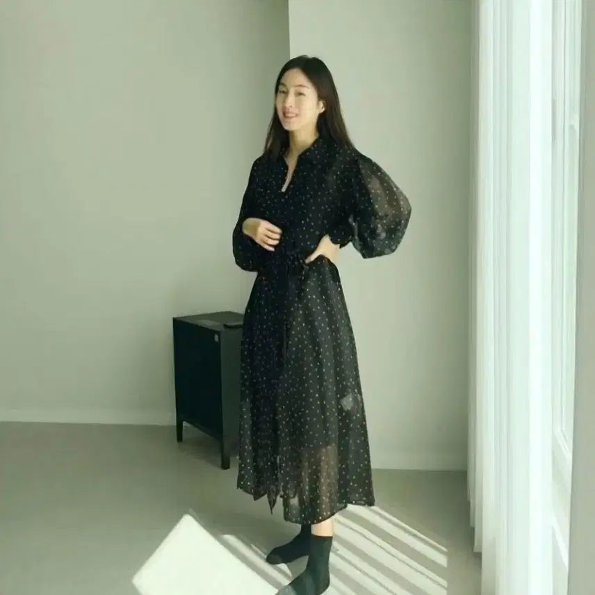 [BUNJANG] DKNY Black Long Dot Dress / DKNY 디케이엔와이 롱 원피스+슬립