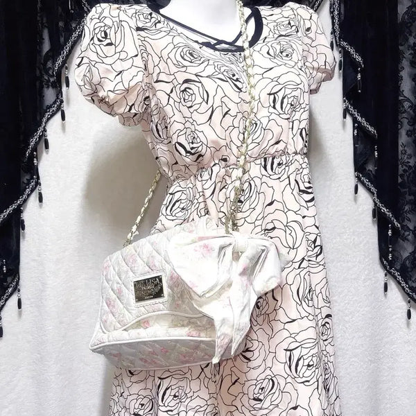 [BUNJANG] Romantic Hime Gyaru Rose Pattern Puff Shoulder Dress / 로맨틱 히메갸루 로걀 로즈패턴 퍼프숄더 원피스 드레스 핀터 라떼 러블리