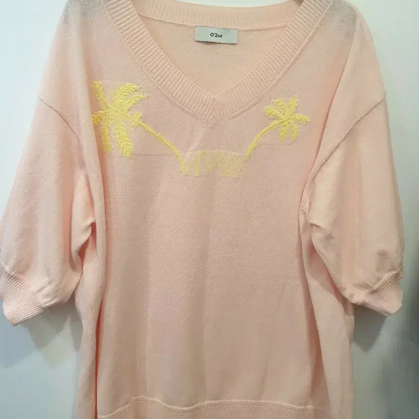 [BUNJANG] OZOC Palm Tree Short-Sleeve Knit Top / 오즈세컨 핑크 야자수 반팔 니트