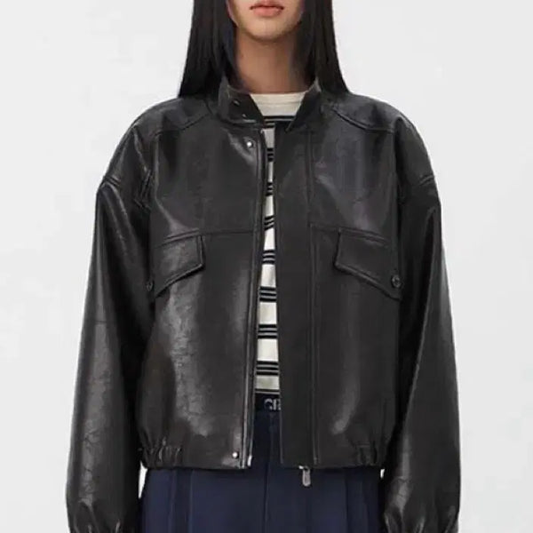 [BUNJANG] Grove Leather Zip-Up Jacket High-Neck Blouson / 그로브 레더 집업 자켓 가죽 하이넥 블루종