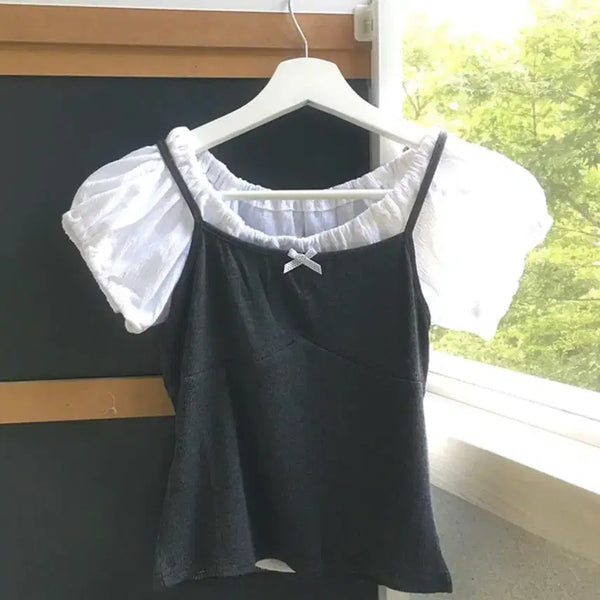 [BUNJANG] DOT RIBBON BLOUSE TOP SET / 도트 리본 블라우스탑 세트 오무트 에이블리 반팔티 반팔블라우스