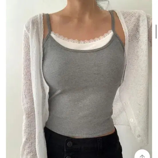[BUNJANG] Layered Lace Ribbed Backless Strap Camisole Bra Top / 레이어드 레이스 골지 백리스 끈나시 브라탑 민소매 에이블리