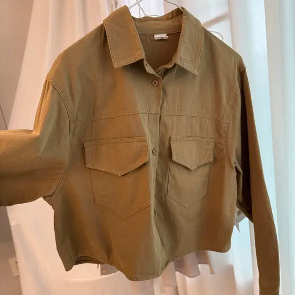 [BUNJANG] Beige Khaki Cropped Shirt Outerwear / 베이지카키 크롭 셔츠 아우터