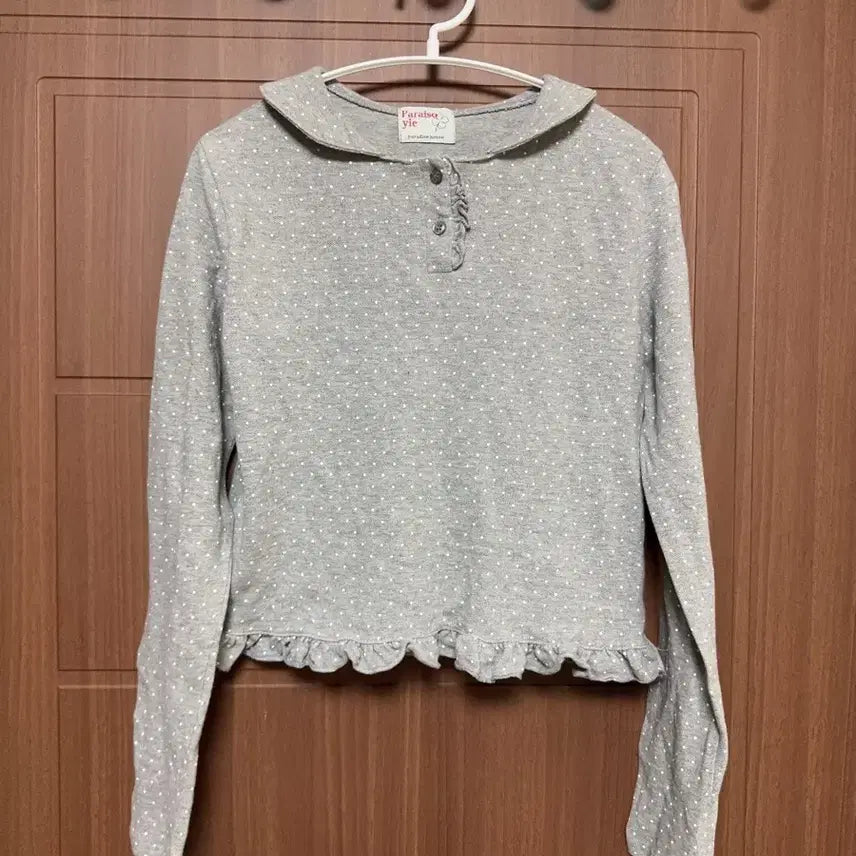 [BUNJANG] Morrigal Hagumi Vintage Grey Cropped Dot Frill Long Sleeve / 나눔) 모리걸 하구미 빈티지 그레이 크롭 도트 프릴 긴팔