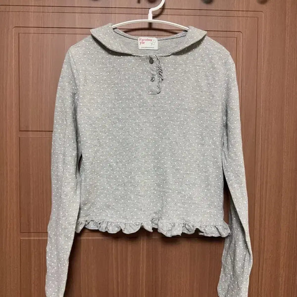 [BUNJANG] Morrigal Hagumi Vintage Grey Cropped Dot Frill Long Sleeve / 나눔) 모리걸 하구미 빈티지 그레이 크롭 도트 프릴 긴팔