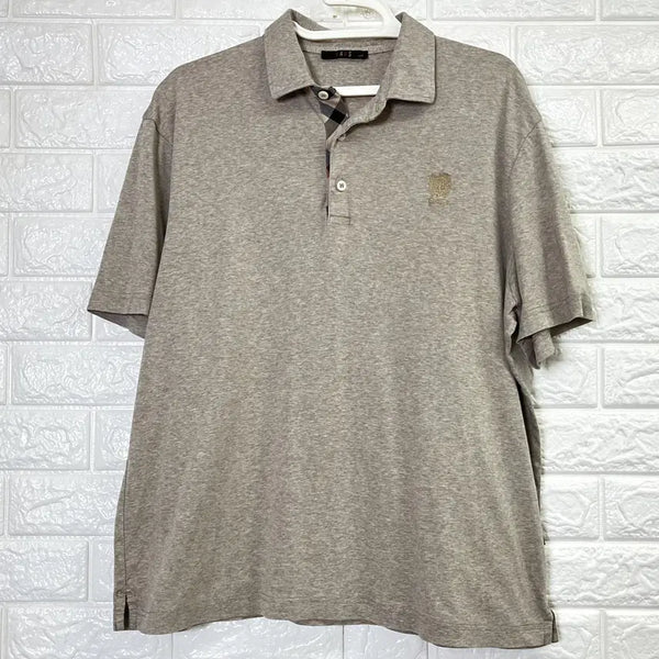 [BUNJANG] Daks Beige Check Collar Short Sleeve Shirt / 닥스 베이지 체크 배색 카라 반팔 105