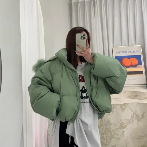 [BUNJANG] Blackbabby Emma Raccoon Fur Duck Down Short Padding Khaki / 블랙바비 엠마 라쿤퍼 덕다운숏패딩 카키