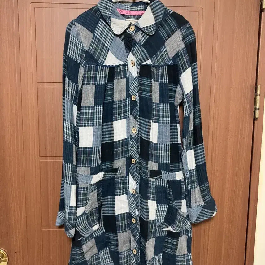 [BUNJANG] Japanese Vintage Mori Girl Blue Check Patchwork Round Collar Hong Kong Shirt Dress / 모리걸 하구미 일본 빈티지 블루 체크 패치워크 둥근카라 홍콩 셔츠 원피스
