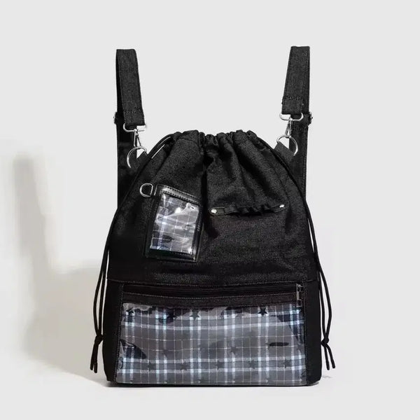 [BUNJANG] Denim Daily Vintage Check Point Campus Goods Doll Backpack Ita Bag - Black / 데님 데일리 빈티지 체크 포인트 캠퍼스 굿즈 인형 백팩 이타백 가방 블랙