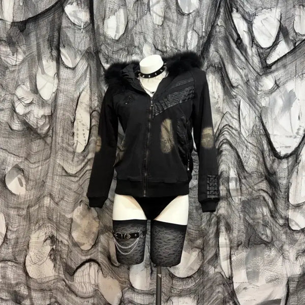 [BUNJANG] Vintage Y2K Punk Fur Hoodie Patch Bomber Jacket / 빈티지 펑크 Y2K Fur hoodie patch bomber jacke