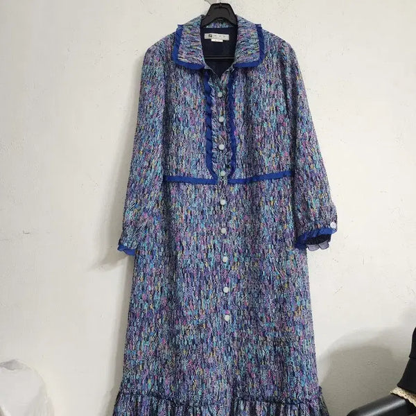 [BUNJANG] Mixed Color Long Dress with Frill Detail / 믹스 컬러 롱 원피스 프릴 장식