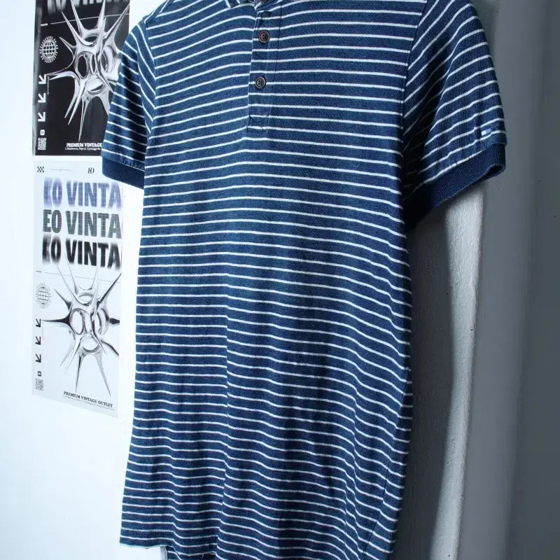 [BUNJANG] Tommy Hilfiger Striped Short Sleeve Polo T-Shirt Indigo / (XS-S) 타미힐피거 반팔 카라 티셔츠 스트라이프 인디고-184D1