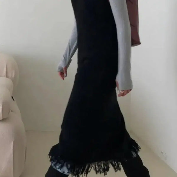 [BUNJANG] Black Tassel Knit Sleeveless Long Bustier Layered Dress / 무료배송. 새상품. 블랙 수술 니트 나시 롱 뷔스티에 레이어드 원피스