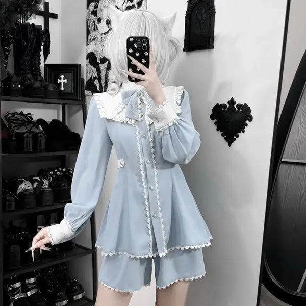 [BUNJANG] Sky Blue Lace Dress and Shorts Set / 양산형 지뢰계 하늘색 레이스 원피스+반바지 세트