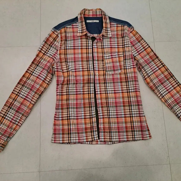 [BUNJANG] System Checkered Long-Sleeve Shirt with Denim Accents / 한섬 시스템 체크 셔츠 남방 긴팔 데님 포인트