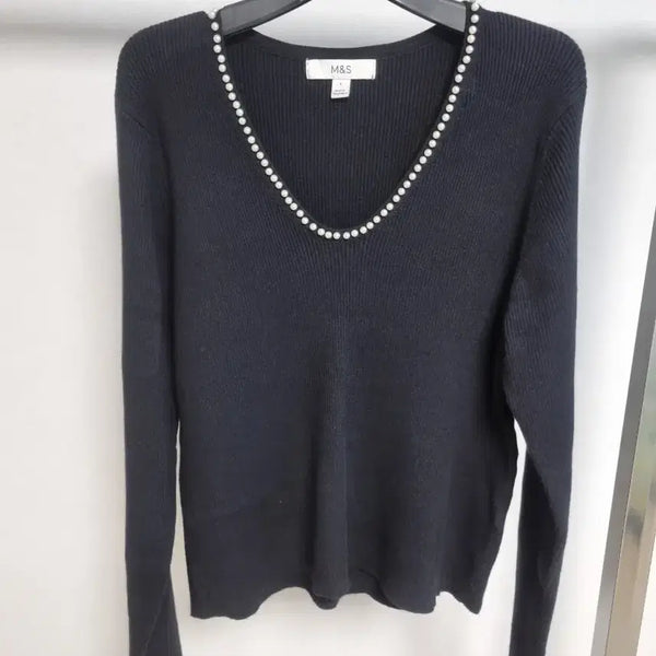 [BUNJANG] Marks & Spencer Black Pearl V-Neck Knit Sweater L / 정품  막스앤스펜서  블랙 진주 브이넥 니트 L
