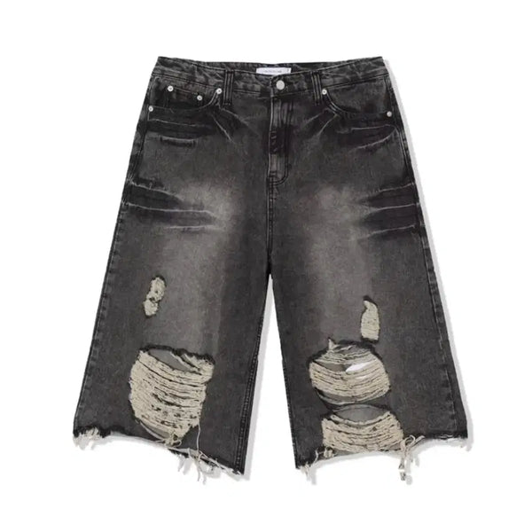 [BUNJANG] Distressed Black Denim Bermuda Shorts / 디스트로이드 블랙 데님 버뮤다팬츠