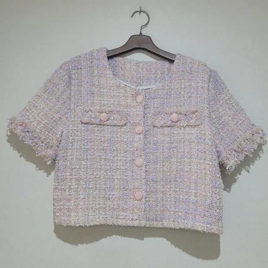 [BUNJANG] Pink Violet Pearl Tweed Short Sleeve Blouse / 핑크 바이올렛 펄사 트위드 자켓