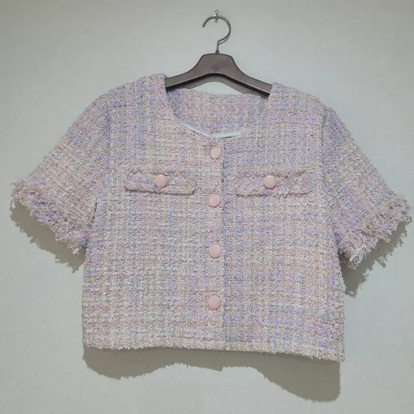 [BUNJANG] Pink Violet Pearl Tweed Short Sleeve Blouse / 핑크 바이올렛 펄사 트위드 자켓