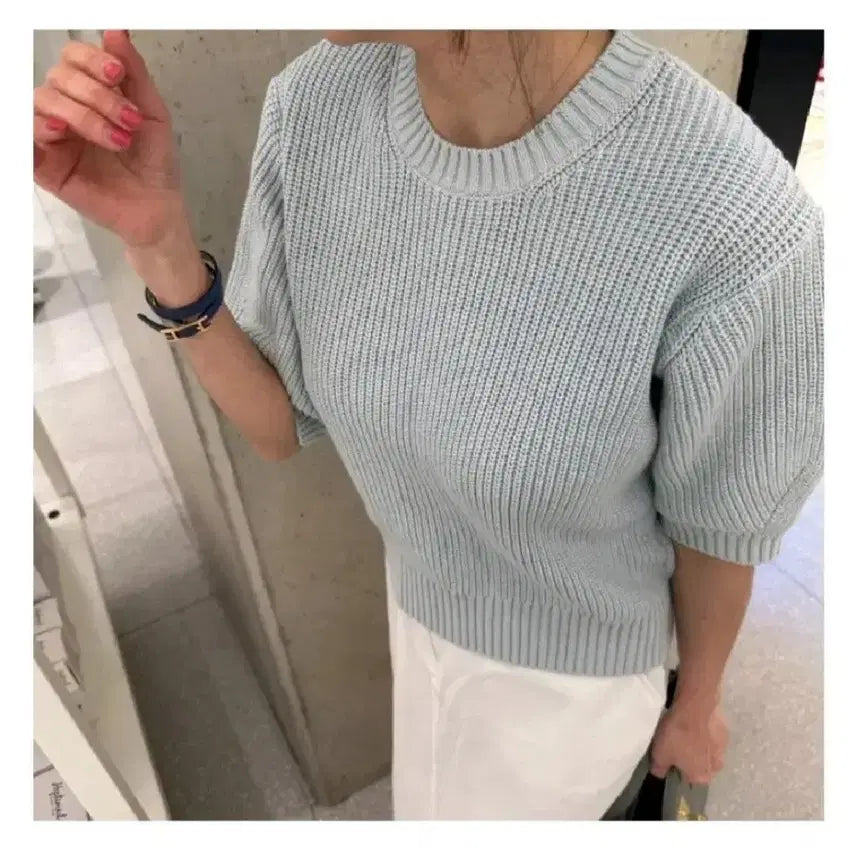 [BUNJANG] Cotton Short Sleeve Knit - Sky Blue / 코튼 반팔 니트 - 소라