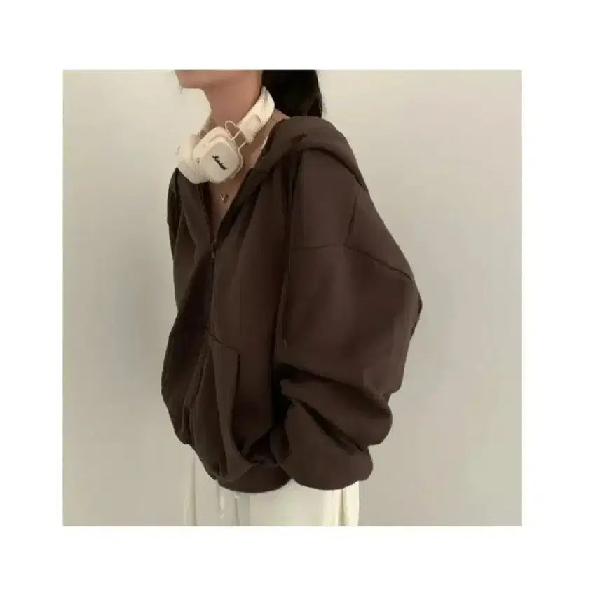 [BUNJANG] Unisex Oversized Zip-Up Hoodie - Chestnut Brown / 오버핏 후드 집업 - 밤색