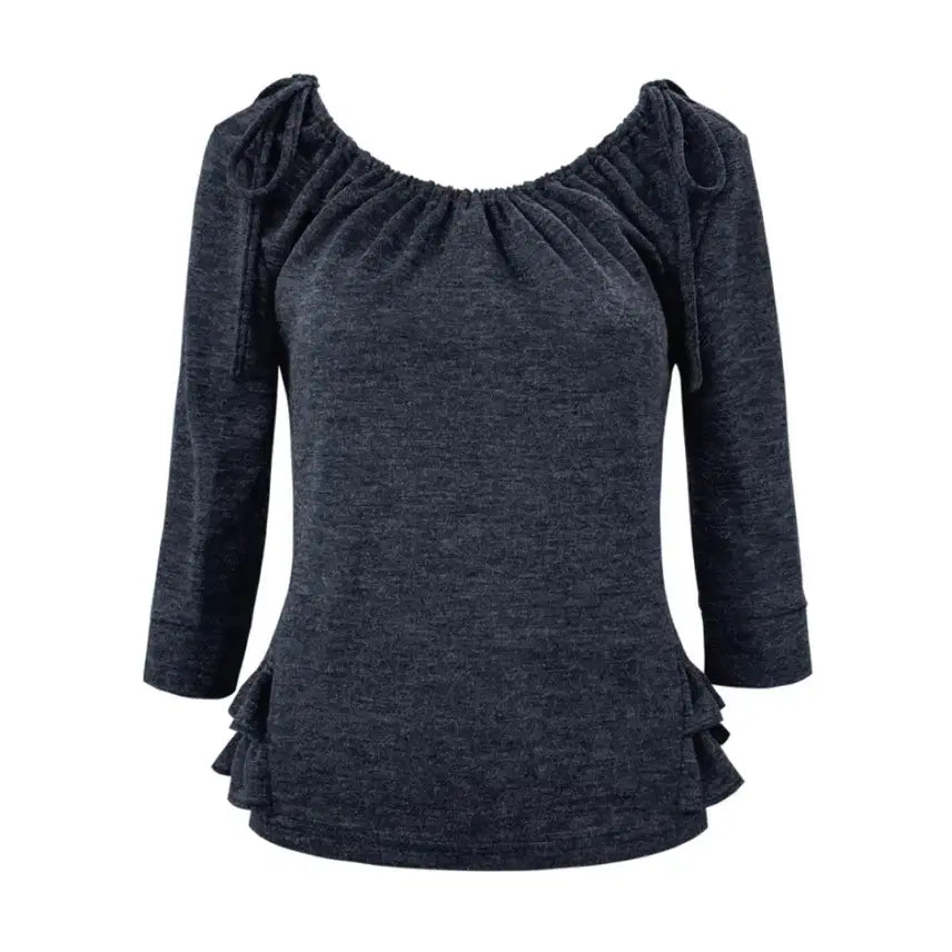 [BUNJANG] Chemise Shirred Mid-Sleeve Frill Top Navy / 체메씨 셔링 미드 슬리브 프릴 탑 네이비 티셔츠