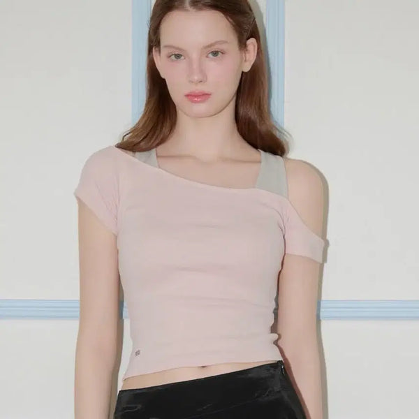 [BUNJANG] Kissining Off-Shoulder Layered Sleeve Top (Pink) - Short Sleeve T-Shirt / [새상품] 키시닝 오프숄더 레이어드 슬리브 탑 (핑크) (반팔 티셔츠)