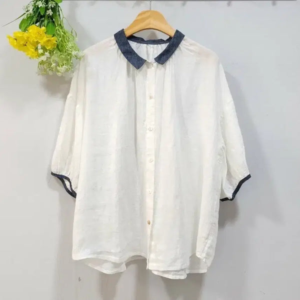 [BUNJANG] Linen Collar 7-Sleeve Blouse / 린넨 카라 7부 블라우스