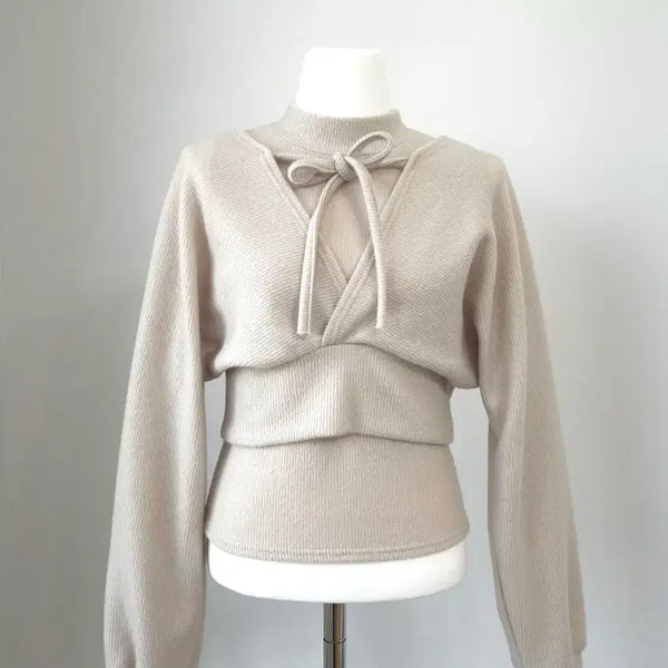 [BUNJANG] Ribbon Bolero Knit Two-Piece Set in Light Beige / 리본 볼레로 스타일 연베이지 니트(투피스)세트 레이어드 소녀 모리걸