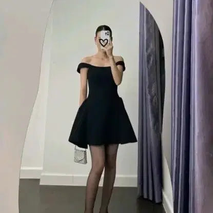 [BUNJANG] Black Off-Shoulder Mini Dress / 캐주얼 웨딩 스냅 블랙 오프숄더 미니 드레스
