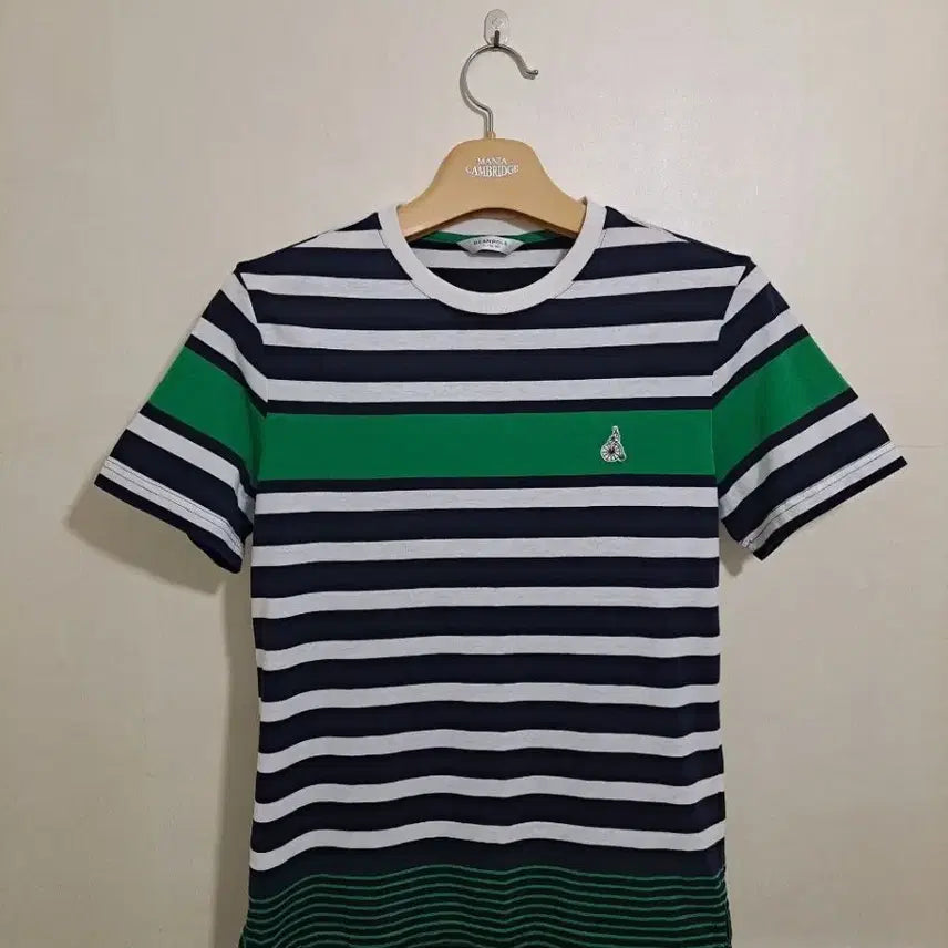 [BUNJANG] Beanpole Striped Short-Sleeve T-Shirt Green Color Block Size 100 (Slim Fit) / 빈폴 스트라이프 반팔 티셔츠 그린 배색 100(슬림)