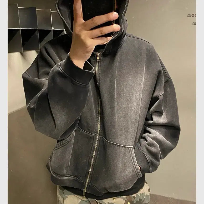 [BUNJANG] Undermycar MU.69 Anti Fxxking Logo Washed Crop Hoodie Zip-Up Black / 언더마이카 mu.69 Anti Fxxking logo 워싱 크롭 후드집업