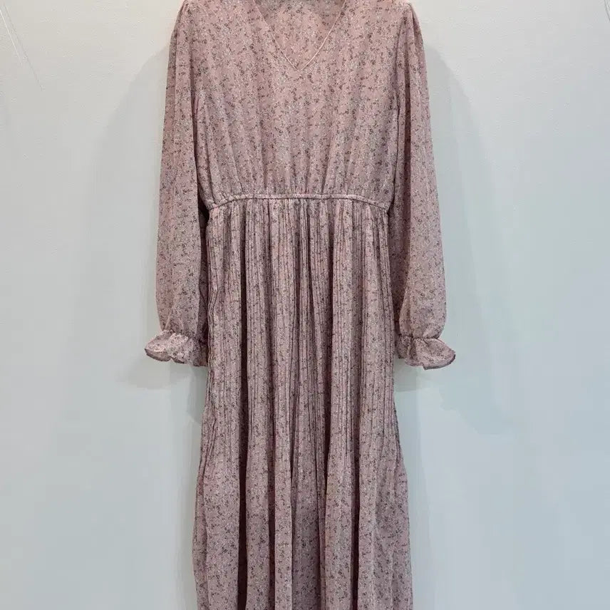 [BUNJANG] Floral Print Long Chiffon Pleated Dress / 잔꽃무늬 핑크 롱 쉬폰 원피스 플리츠 원피스