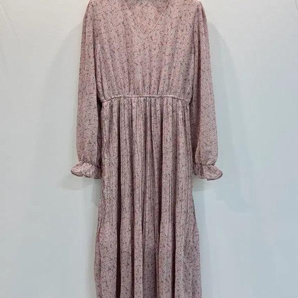 [BUNJANG] Floral Print Long Chiffon Pleated Dress / 잔꽃무늬 핑크 롱 쉬폰 원피스 플리츠 원피스