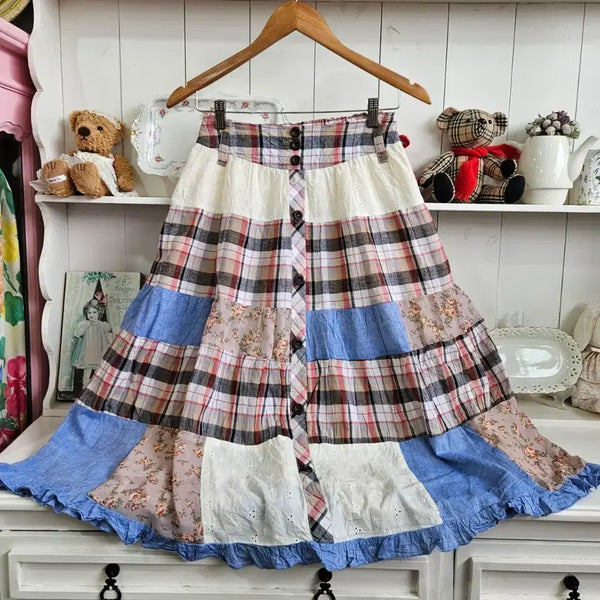 [BUNJANG] Japanese Vintage Patchwork Check Flare Skirt / 패치워크 체크 플레어 스커트