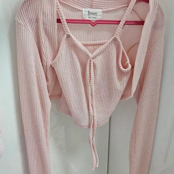 [BUNJANG] Cropped Sleeveless Cardigan Set - Pink Halterneck / 크롭나시가디건 연핑크 홀터넥 끈나시 볼레로 가디건 세트