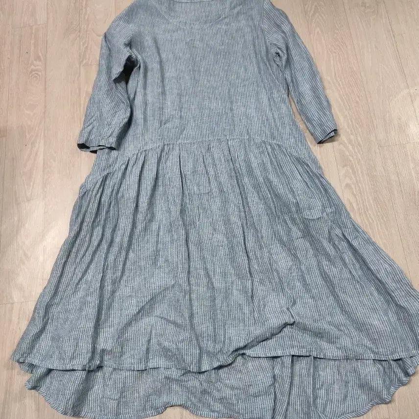 [BUNJANG] Striped Linen Long Dress - Light Blue / 스트라이프 하늘색 린넨 롱 원피스
